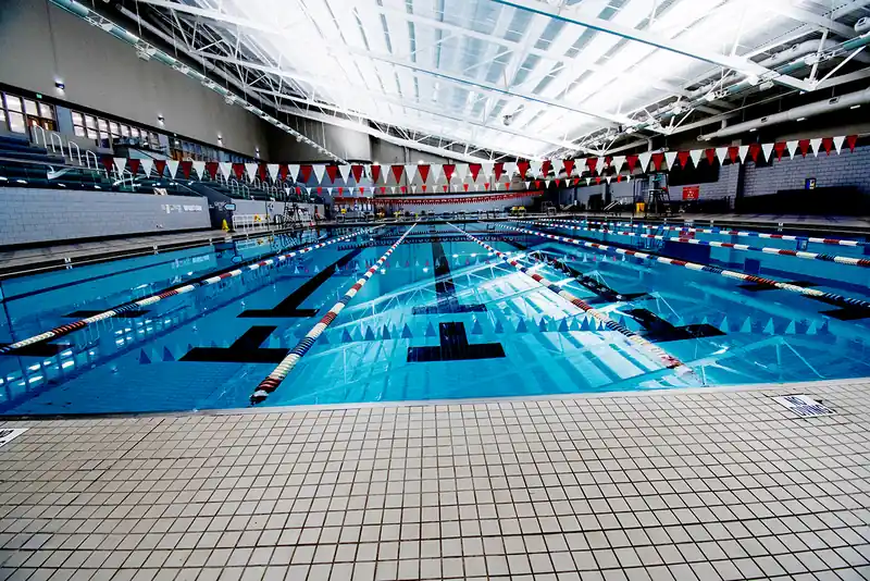 Lane ropes running away from the camera across the pool under strings of red and white backstroke flags