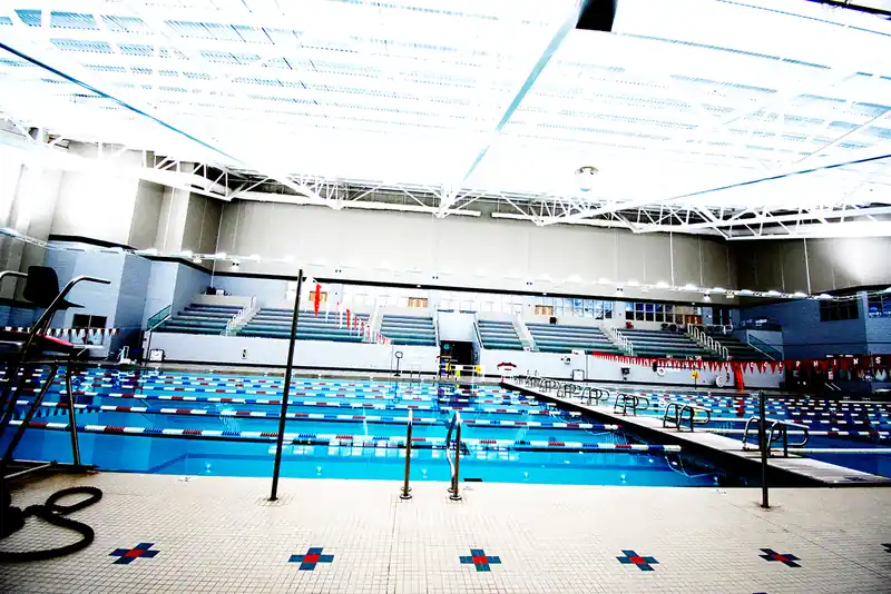 The natatorium with its lanes and the instruction area at the shallow end