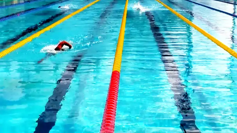 Two swimmers doing freestyle in neighbouring lanes beside a red and yellow lane rope