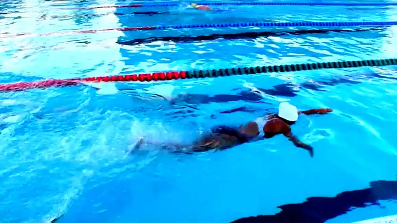 A Dolphins swimmer racing down a lane